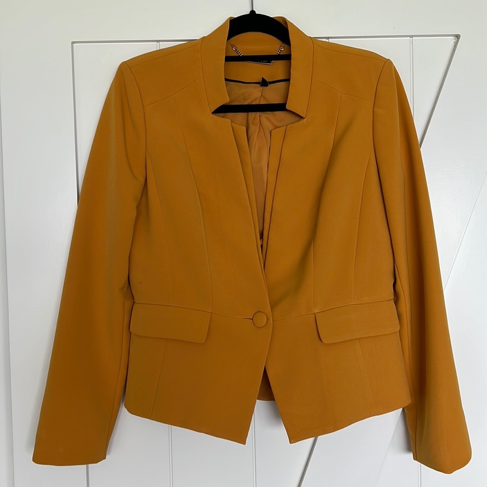 WHBM Yellow Blazer. Gently worn. Small stain on front right above the pocket.